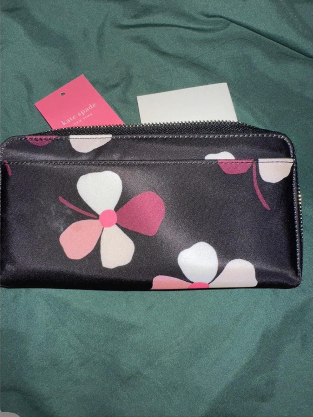 kate spade Black Floral Zip Wallet with Pink and Cream Blooms